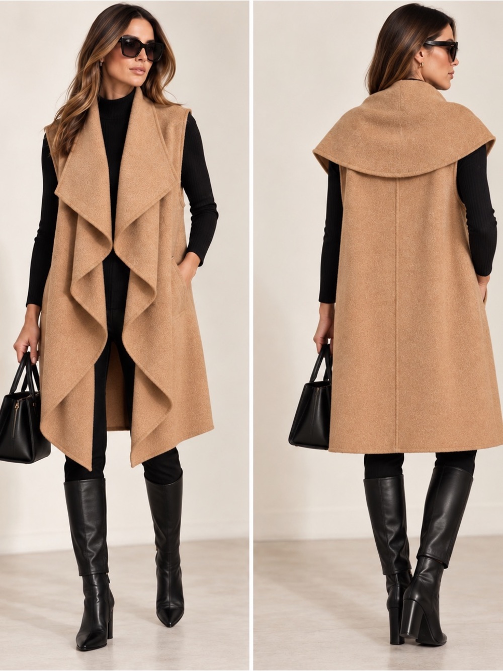 Zara Woman Camel Handmade Waterfall Longline Vest Size M